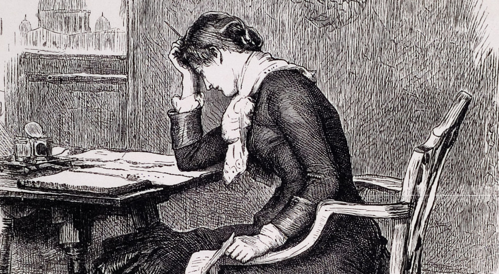 Image d'illustration. Gravure d'une femme assise à son bureau réfléchissant